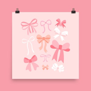 May include: A digital illustration of pink, peach, and white bows of various sizes and shapes on a pink background.