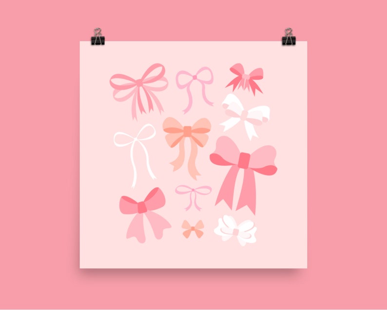 May include: A digital illustration of pink, peach, and white bows of various sizes and shapes on a pink background.