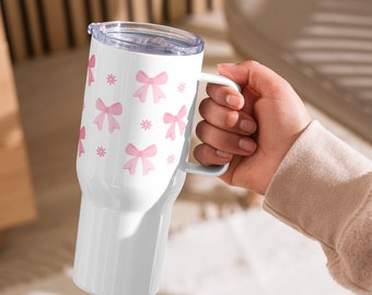 Kokette rosa Bögen und Blumen Reisebecher, 25 Unzen Becher mit Griff