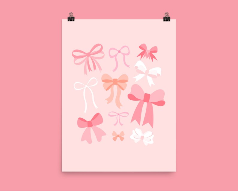 May include: A digital illustration of pink, peach, and white bows on a light pink background.