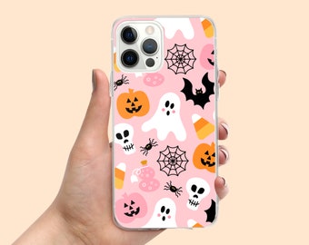 Pink Halloween iPhone Case | Cute Ghost, Pumpkin, Skull Pattern