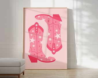 Pink Cowgirl Boots Print: Retro Western Wall Art