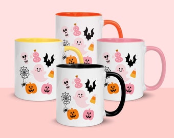Cute Spooky Halloween Coffee Mug, Colorful Ghosts, Pumpkins