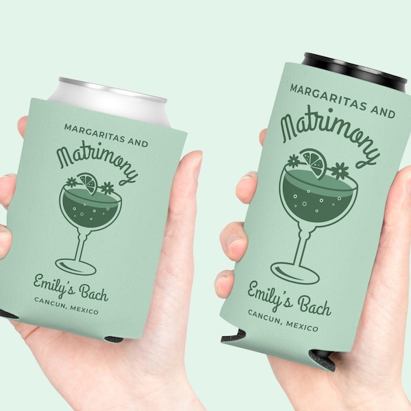 Margaritas and Matrimony Bachelorette, Personalized Tequila Can Cooler, Coastal Bridesmaid Gift, Margs Bacheloretteparty, Custom Bach Favors