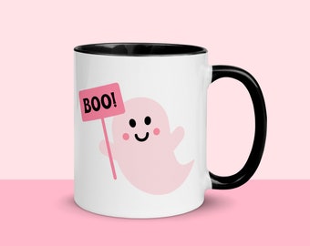 Pink Ghost Halloween Mug | Cute Spooky Coffee Cup with Color Inside