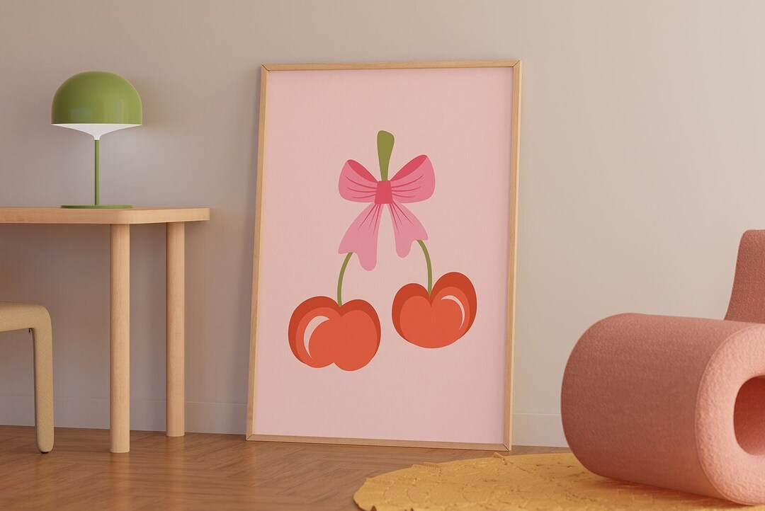 Cherries With Pink Bow Wall Art Print, Flowering Bows, Trendy Bows ...
