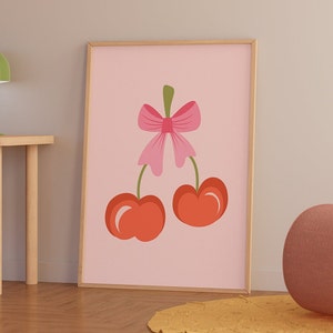 Cherries with Pink Bow Wall Art Print, Flowering Bows, Trendy Bows Wallart, Coquette Bow Wallart, Bow Aesthetics, Coquette Room Decor