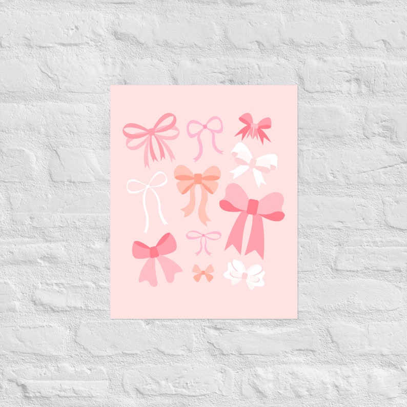 May include: A pink background with various pink, white, and peach bows of different sizes and shapes.