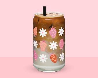 Strawberry and Daisy Glass Can Cup, Kawaii Floral Iced Coffee Tumbler, 16oz