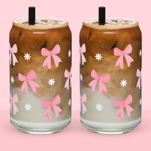 Coquette Pink Bows and Flowers Glass Can Cup, Aesthetic 16oz Mug, Pretty Floral Iced Tea Tumbler, Coastal Cowgirl Preppy Coffee Gift