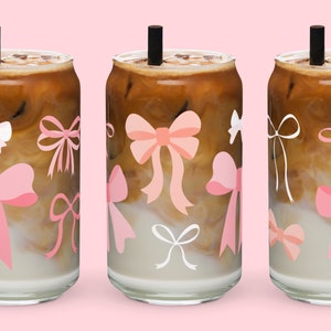 Coquette Bows Glass Can Cup, Pink Bow Glass Cup, Preppy Aesthetic Decor, Balletcore Grand Millennial Soft Girl Tumbler Gift for Mother’s Day