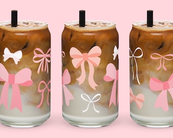 Coquette Bows Glass Can Cup, Pink Bow Glass Cup, Preppy Aesthetic Decor, Balletcore Grand Millennial Soft Girl Tumbler Gift for Mother’s Day