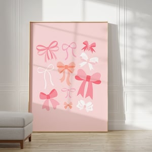 May include: A pink poster with a collection of pink, peach, and white bows of various sizes and shapes.