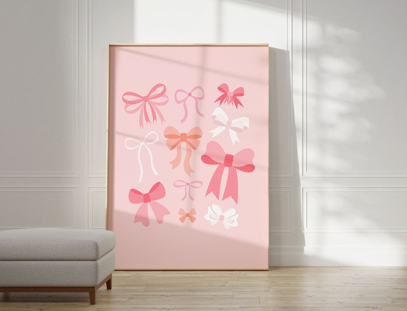 May include: A pink poster with a collection of pink, peach, and white bows of various sizes and shapes.