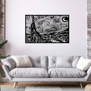 Gwiaździsta noc, Van Gogh cyfrowy wektor do pobrania laserowe cięcie CNC svg dxf pdf cdr pliki naklejka ścienna grawerowanie naklejka sylwetka szablon router