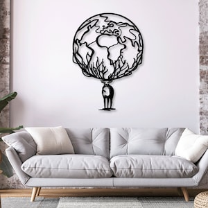 Weltkarte Hirsch Weltkarte Digitaler Vektor Download Laser Cnc Schnitt svg dxf pdf cdr Dateien Wandaufkleber Gravur Aufkleber Silhouette Vorlage Fräser