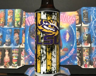 Tailgating engagement can coolers LSU Tigers Football can coolers Louisiana state outline beer holder Something Purple Gold wedding favor