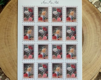 Faux Vintage Stamps | Floral | Pink, Red & Yellow Tones | Sticker Sheet