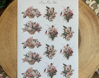 illustrations florales vintage | Fleurs dans des paniers | Feuille d'autocollants