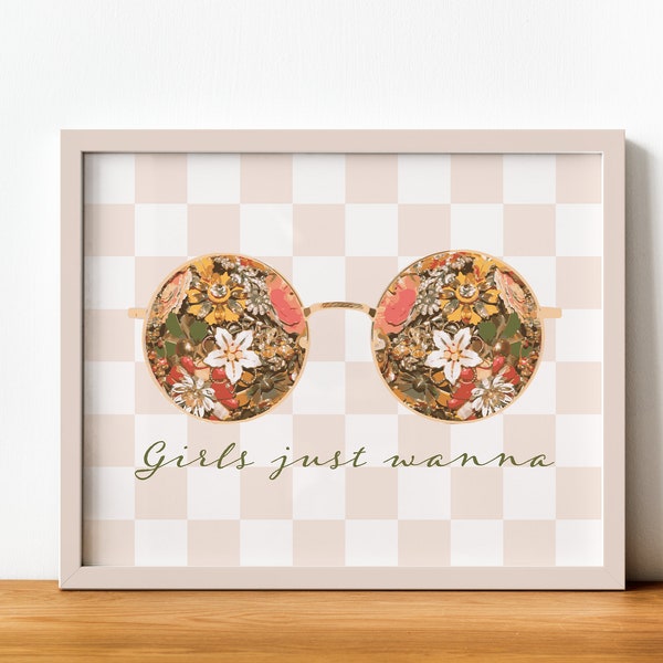 Retro glam, vintage art print, "girls just wanna" DIGITAL DOWNLOAD, JPEGs, retro girls, glasses, pink checkerboard