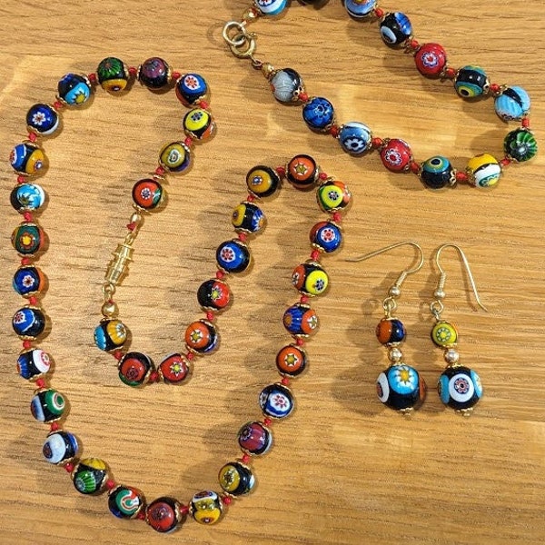 Vintage Exquisite Italian MURANO GLASS | Multicolor Bead Jewelry Set | Necklace | Bracelet | Earrings