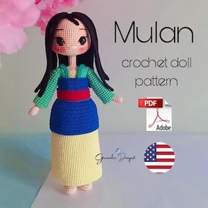 May include: Crochet doll pattern for Mulan, a Disney princess. The doll is wearing a blue and yellow dress with a red sash. The pattern is available as a PDF download. The image also includes the text "Mulan crochet doll pattern" and a logo for "Garamiler Dunyasi".