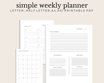 Simple Week at a Glance Printable, Weekly Planner Undated, Week on Two Pages Printable, A4, A5, Letter, Weekly Inserts