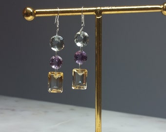 925 silver earrings, natural green purple amethyst stones, yellow citrine. Natural stone pendant