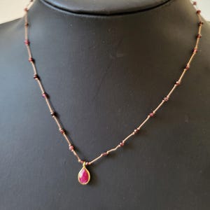 Necklace of natural round pink garnet stones 2mm, stones tied on a silk thread, pink ruby pendant Minimalist necklace, fine.