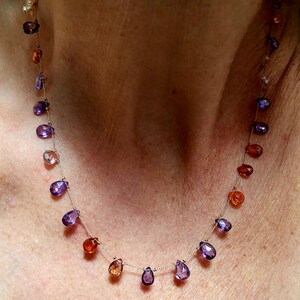 Minimalist necklace, natural zircon stones of several colors mounted on brown silk thread, pink purple briolette-shaped stones image 5
