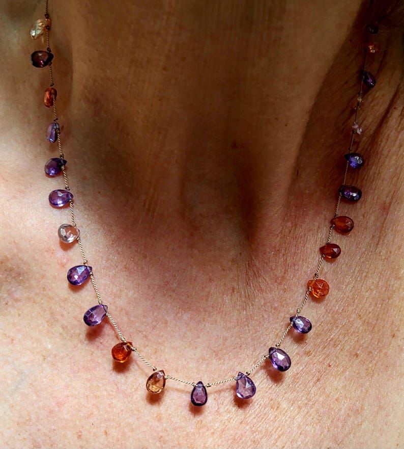 Minimalist necklace, natural zircon stones of several colors mounted on brown silk thread, pink purple briolette-shaped stones image 5