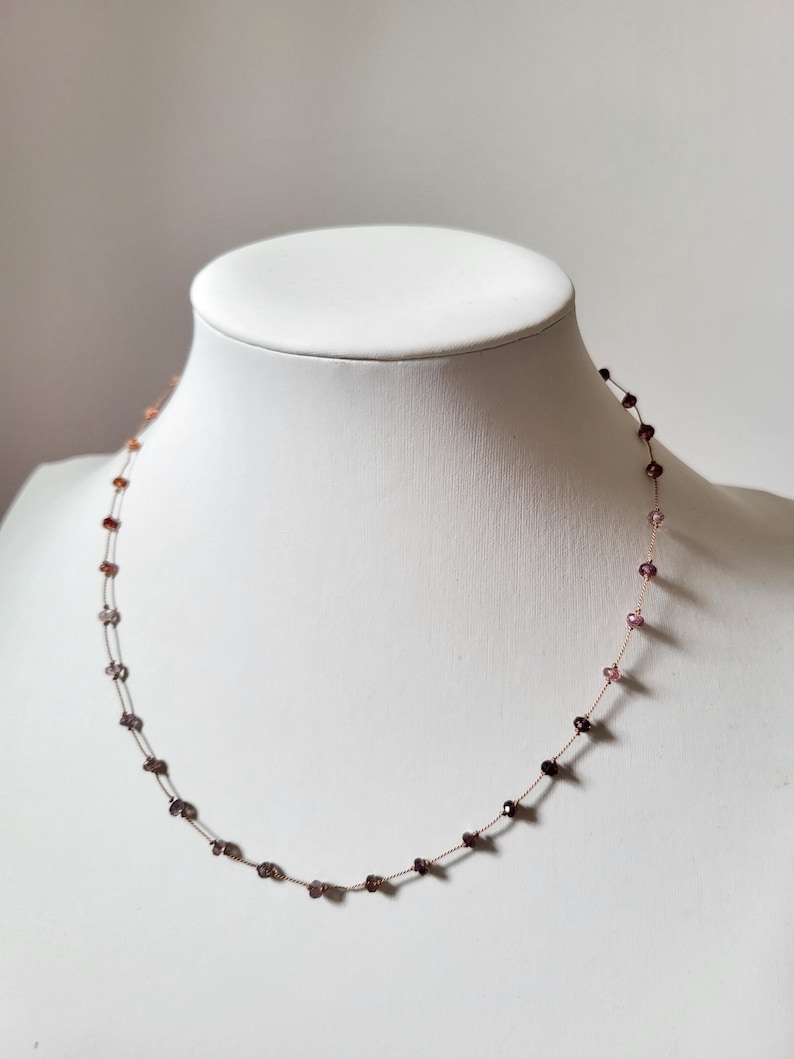 Necklace of natural pink multi-spinel stones knotted on a pink silk thread. Delicate minimalist fine necklace for women. image 2