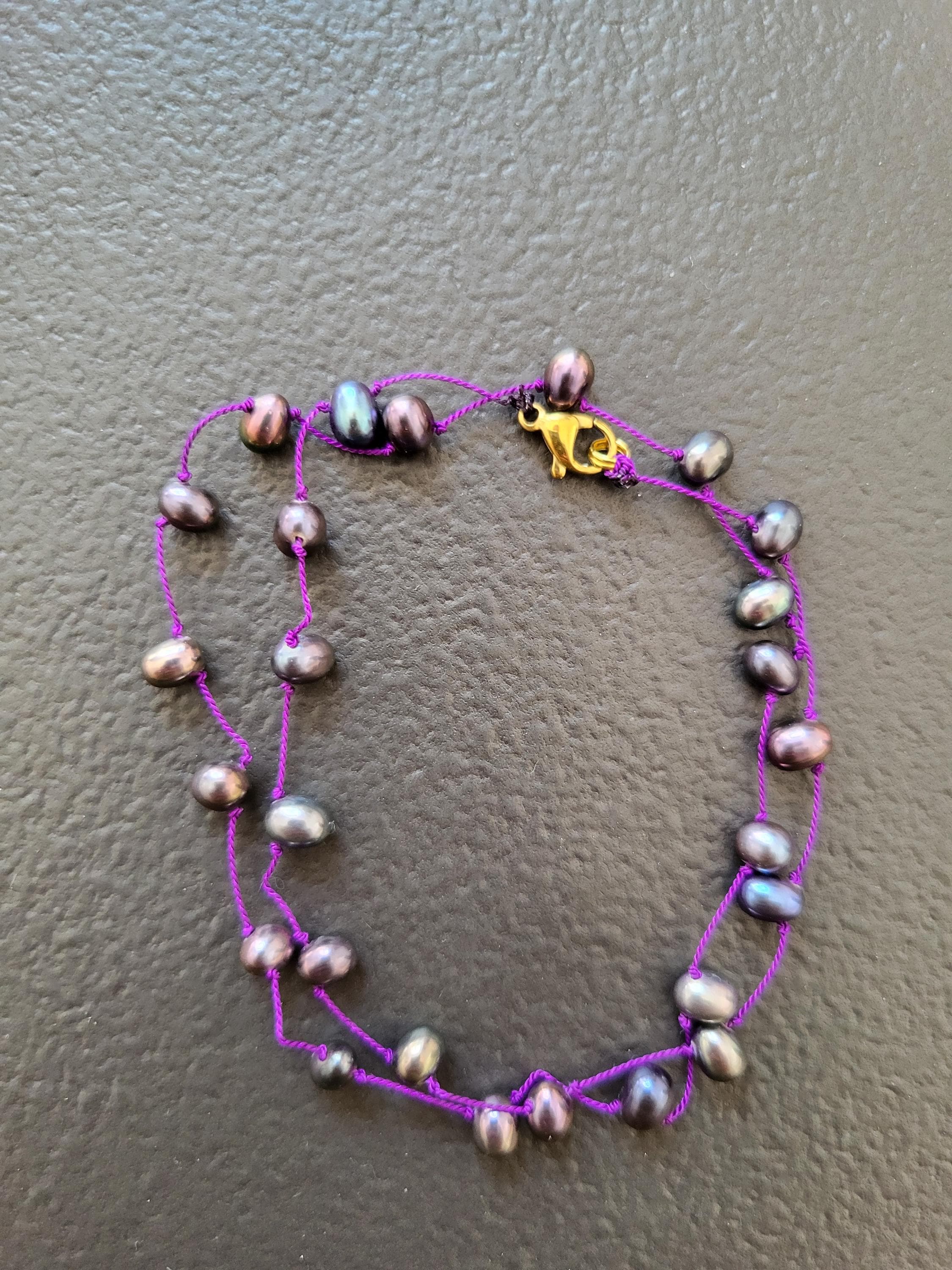 Aubergine Cultured Pearl Necklace on Purple Silk Thread