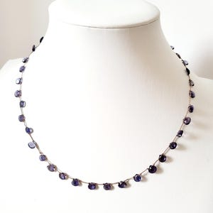 May include: A delicate necklace with a silver chain and small, round, purple gemstones.