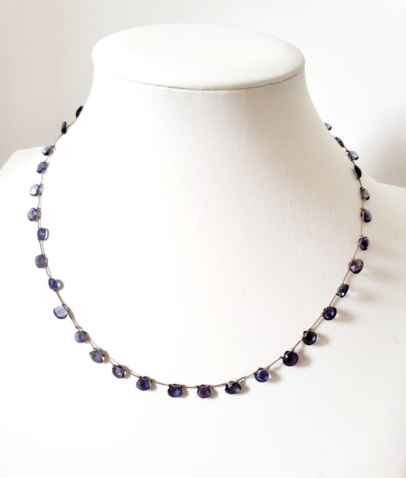 May include: A delicate necklace with a silver chain and small, round, purple gemstones.