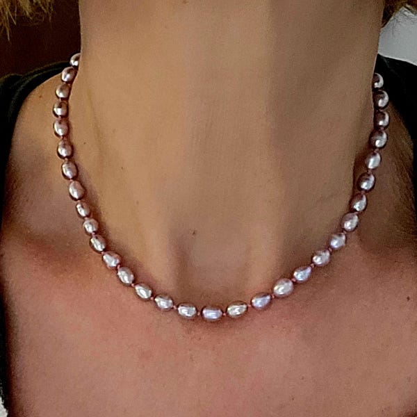 Powder pink cultured pearl necklace on pink silk thread, double lobster clasp, choker style. Women's necklace.