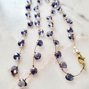 May include: A long, delicate necklace made of a thin brown cord with small, faceted, purple gemstones. The necklace has a gold clasp.