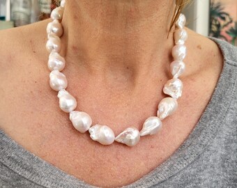 Exquisite Baroque Cultured Pearl Necklace, Iridescent White Luster