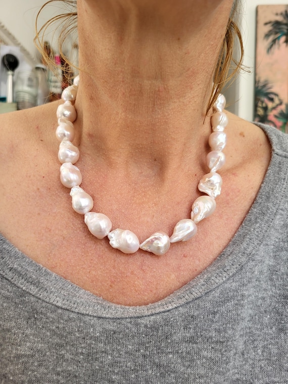 Exquisite Baroque Cultured Pearl Necklace, Iridescent White Luster