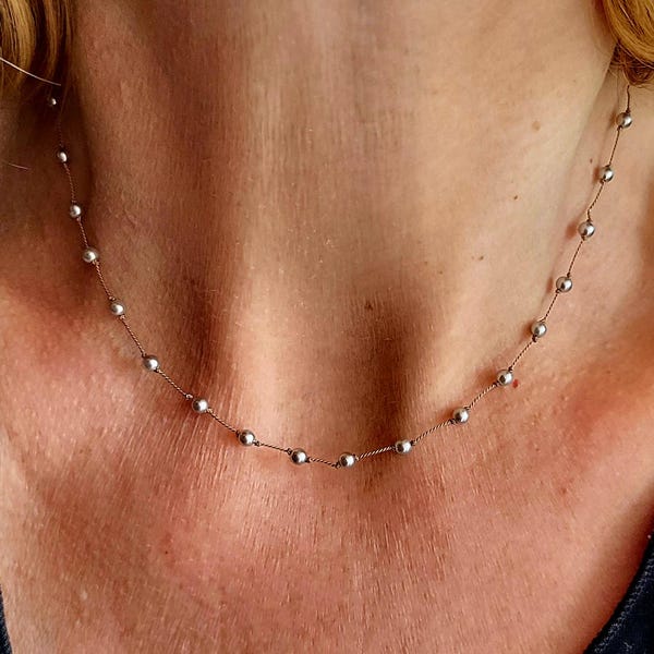 Round metallic grey pearl necklace on brown silk thread, delicate minimalist fine necklace, gift for her.