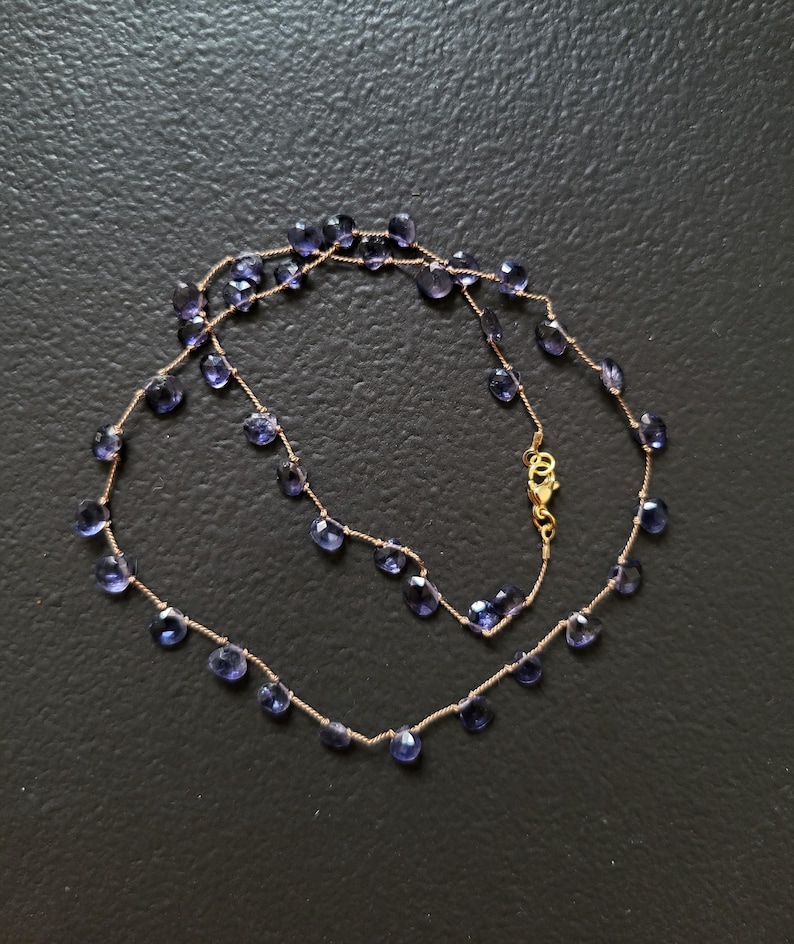 May include: A delicate necklace with a gold chain and small, dark purple gemstone beads.