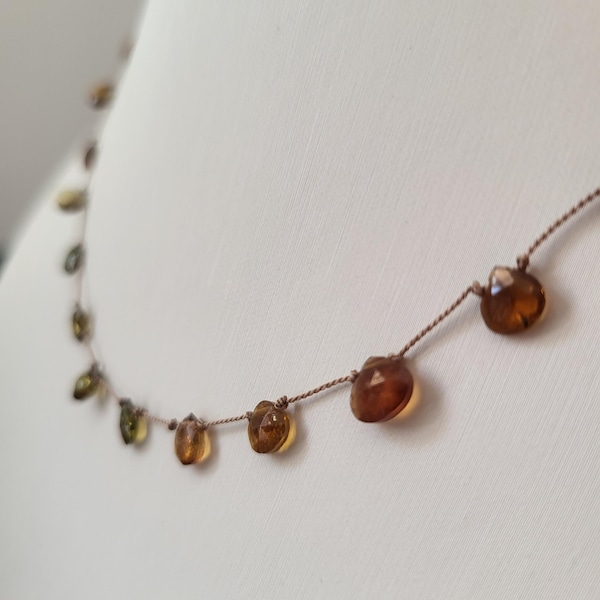 Necklace made of natural champagne-colored tourmaline stones, 3-4 mm briolette size, on silk thread. Delicate, minimalist fine necklace.