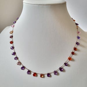 Minimalist necklace, natural zircon stones of several colors mounted on brown silk thread, pink purple briolette-shaped stones image 6