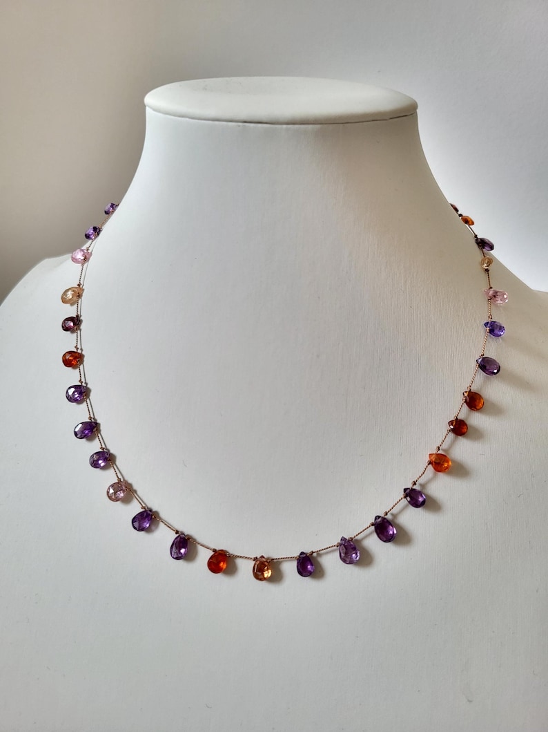 Minimalist necklace, natural zircon stones of several colors mounted on brown silk thread, pink purple briolette-shaped stones image 6