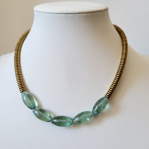 Necklace made of natural golden hematite and green fluorite stones. Boho chic necklace for women. Semi-precious stone necklace.