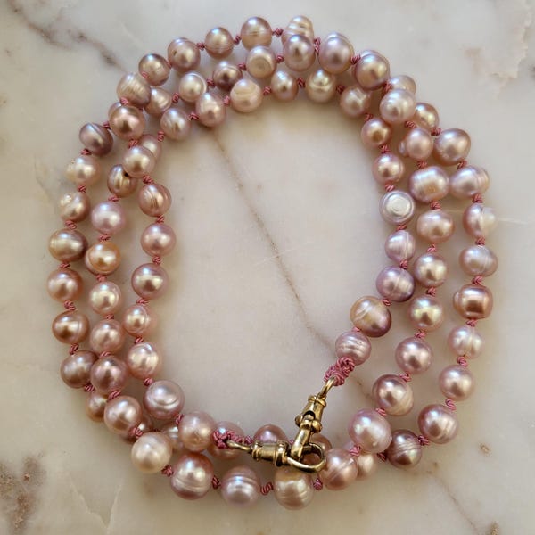 Pale pink baroque cultured pearl necklace, pink silk thread, double wrap, long sautoir necklace with double lobster clasp.