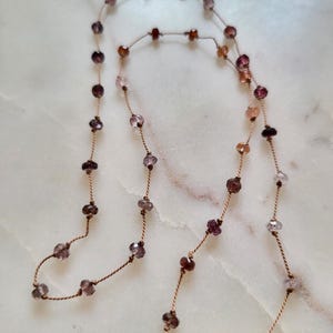 Necklace of natural pink multi-spinel stones knotted on a pink silk thread. Delicate minimalist fine necklace for women. image 1