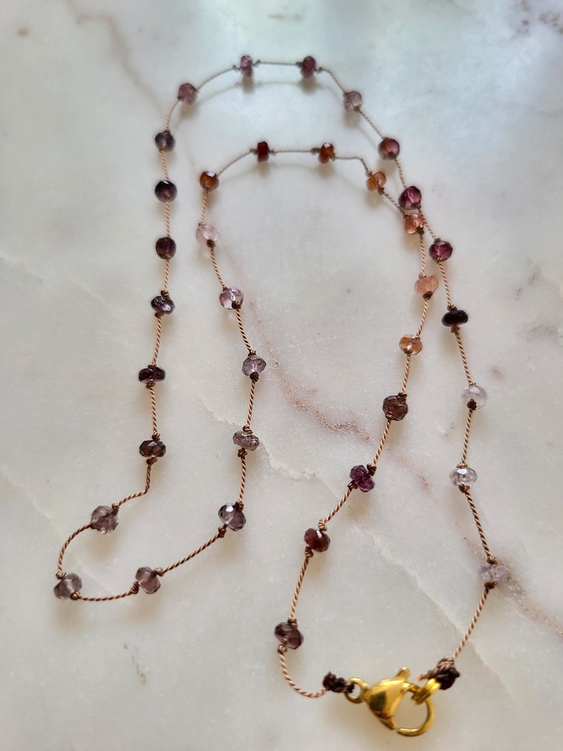 Necklace of natural pink multi-spinel stones knotted on a pink silk thread. Delicate minimalist fine necklace for women. image 1