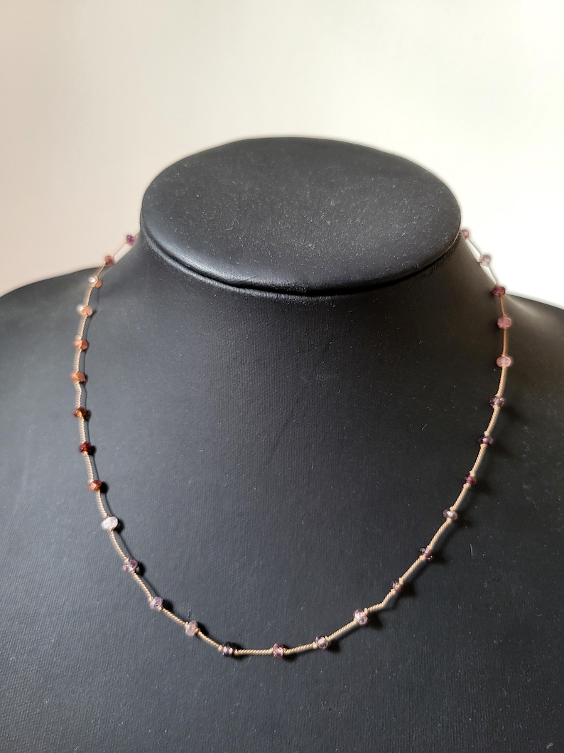 Necklace of natural pink multi-spinel stones knotted on a pink silk thread. Delicate minimalist fine necklace for women. image 4
