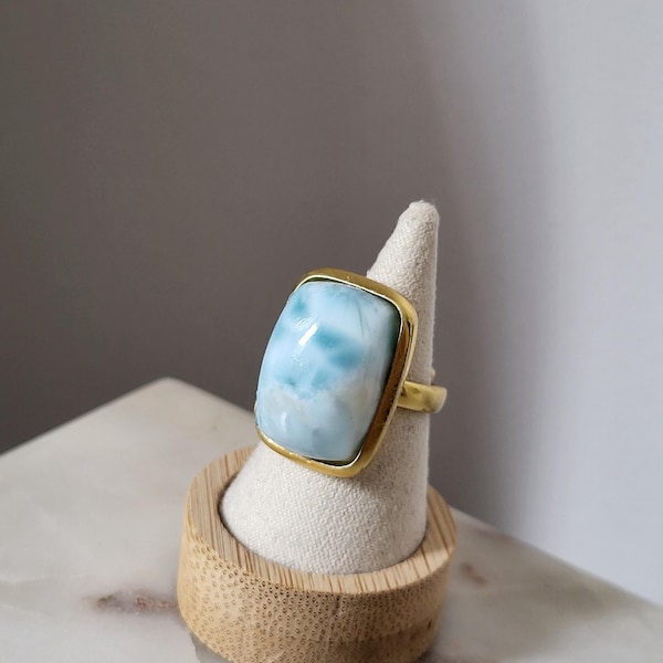 XXL ring with smooth cabochon white and blue larimar natural stones, rectangular ring 23mm, adjustable gold-plated vermeil ring